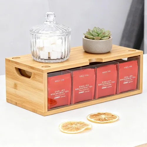Vista 5 de Organizador apilable de bambú para bolsitas de té, 2 piezas Gran capacidad, juego de cajas Natural