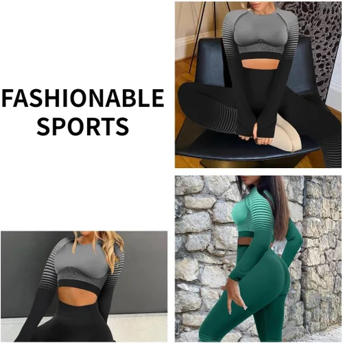 Vista 2 de FeelinGirl Conjuntos de entrenamiento para mujer, 2 piezas, manga larga, trajes de yoga, gimnasio, sin costuras, acanalados, cintura alta, leggings