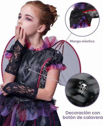 Vista 5 de IKALI Disfraz de murciélago vampiro de Halloween para niñas con alas, disfraz gótico de oscuridad para niños