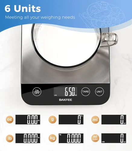 Vista 7 de Báscula de alimentos, báscula de cocina recargable de 33 libras con acero inoxidable, gramos y onzas, carga USB, 0.04 oz de alta precisión