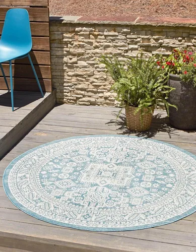 Vista 9 de Unique Loom Outdoor Aztec Collection Alfombra de área, Chalca (5 pies 3 pulgadas, octágono, aguamarina/marfil)