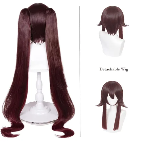 Vista 6 de Hu Tao Peluca larga marrón Hu Tao Cosplay Pelucas + orejas de elfo + redecilla, pelo sintético Hutao para mujeres y niñas con doble cola de caballo