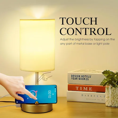 Vista 2 de Lámpara de mesa de control táctil Briever para dormitorio, lámpara de mesita de noche regulable de 3 vías con puertos de carga USB, lámpara