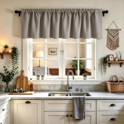 Vista 24 de Cenefa Beige Oscurecedora para Ventana, Cortina Corta con Bolsillo para Barra, Cenefa Primitiva para Sala de Estar, Baño, Guardería, Cocina, Ventana
