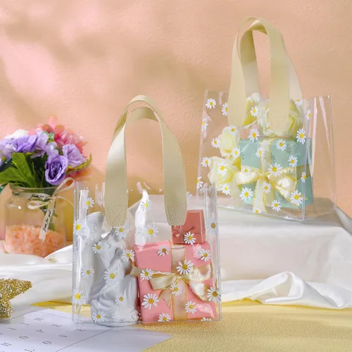Vista 2 de Clysee 24 bolsas de regalo transparentes con asas, bolsa de plástico transparente con margaritas, reutilizable, bolsa de PVC transparente, embalaje