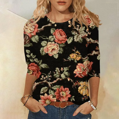Vista 3 de Camisas para mujer, estilo casual, cuello redondo, manga tres cuartos, impresa, para mujer