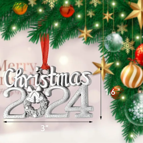 Vista 2 de Adorno de Navidad con fecha 2024, adorno anual plateado para árbol de Navidad con cinta para decoración de árbol de Navidad, colgante decorativo
