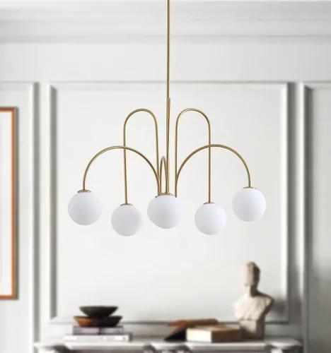 Vista 4 de Modern Chandelier Modern Globe Brushed Brass Metal Pendant Light with Adjustable Rods Hanging Ceiling Lighting Fixture for Kitchen Dining Room