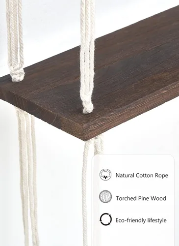 Vista 6 de Mkono Estante colgante de pared de macramé, estantes flotantes de madera de 3 niveles con bonita cuerda tejida, decoración bohemia para habitación