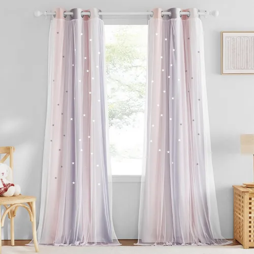 Vista 46 de NICETOWN Cortinas para Dormitorio de Niñas Infantiles con Estrellas Caladas Ventana 2 Capas Cortina 63 Pulgadas de Longitud Oscurecimiento