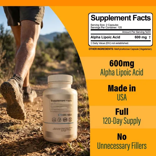 Vista 2 de Ácido alfa lipoico de 600 mg por porción, 240 cápsulas veganas, sin gluten, ALA puro sin OMG, apoya la energía y el antioxidante