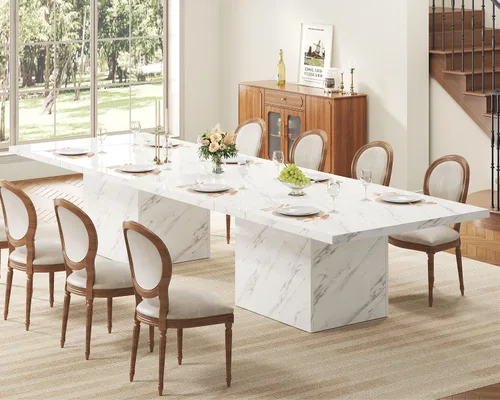 Vista 8 de LVB Mesa de comedor para 6 a 8 personas, mesa de cocina rectangular de mármol sintético blanco de 71 pulgadas, mesa de comedor de madera