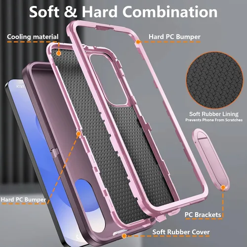 Vista 5 de BaHaHoues Funda protectora de grado militar para Samsung Galaxy S25 Plus con soporte integrado, a prueba de golpes y caídas (morado noche/rosa bebé)