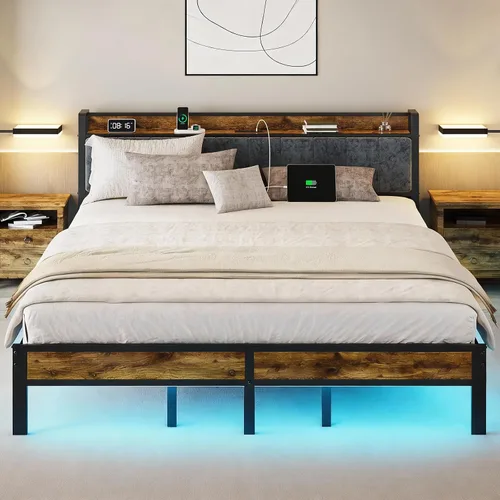 Vista 8 de PROTEA Base de cama de tamaño individual con luces LED y estación de carga, cabecera tapizada con almacenamiento, plataforma resistente con listones