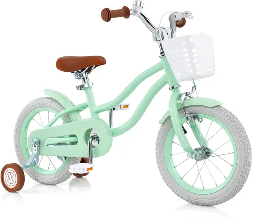 Vista 18 de COSTWAY Bicicleta para niños de 12, 14, 16, 18 pulgadas, bicicleta para niños con ruedas de entrenamiento, frenos de mano y posavasos, sillín