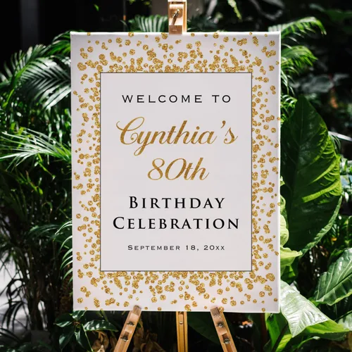 Vista 2 de Cartel de bienvenida de celebración de cumpleaños con purpurina dorada impresa (no lámina real), letrero decorativo personalizado para fiesta