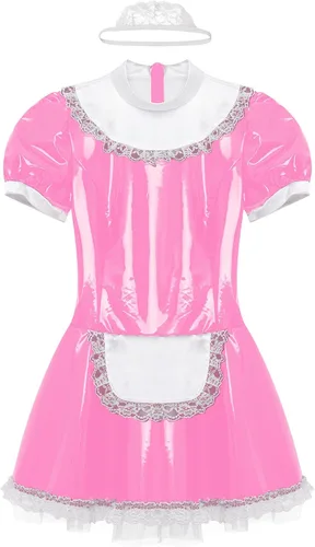 Vista 6 de MSemis Women's PVC Leather Wet Look French Maid Costume Outfits Anime Cosplay Dress Apron Fancy Dress