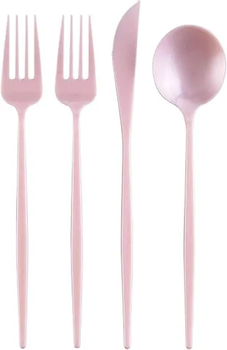 Vista 4 de Juego de cubiertos desechables de diseño moderno para vacaciones, juego de cubiertos de plástico para 24-24 cucharas de plástico, 24 cuchillos, 48