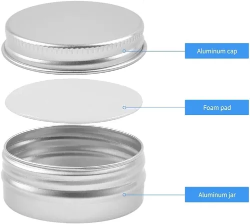 Vista 4 de Tarros vacíos de aluminio de 2 onzas con tapa de rosca con tapas, 75 latas de velas redondas, recipientes cosméticos recargables para bálsamo