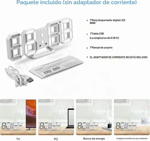 Vista 5 de Reloj despertador de pared digital LED 3D, 9.5 pulgadas, 3 brillos de 12/24 horas, color blanco