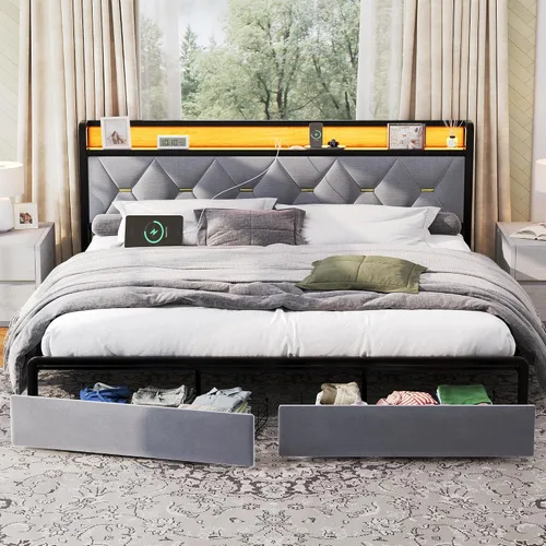 Vista 14 de Ailisite Marco de cama tamaño completo con cabecera y cajones de almacenamiento, marco de cama de plataforma tapizado negro con puerto de carga