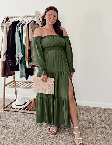 Vista 76 de ZESICA - Vestido largo, bohemio y sexy, con hombros descubiertos y manga larga fruncida, con elástico fruncido, cintura alta y abertura lateral