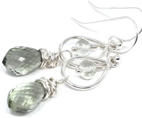 Vista 9 de Pendientes de amatista verde con piedras preciosas envueltas en plata de ley