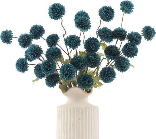 Vista 23 de DuHouse 6 piezas de flores artificiales de seda falsa pompón crisantemo, pequeña mini bola de crisantemo de seda con tallos para bodas DIY arreglos
