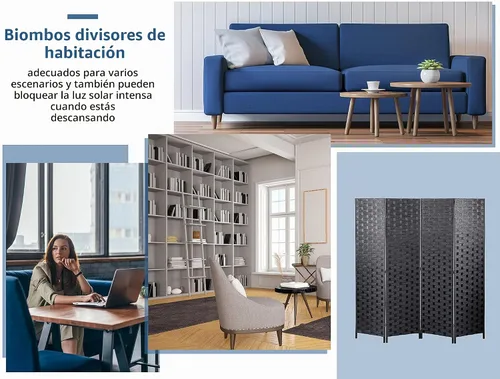 Vista 4 de Divisor de habitación de madera de 4 paneles de 6 pies de alto, divisor de pared de privacidad plegable de madera, pantalla de división portátil