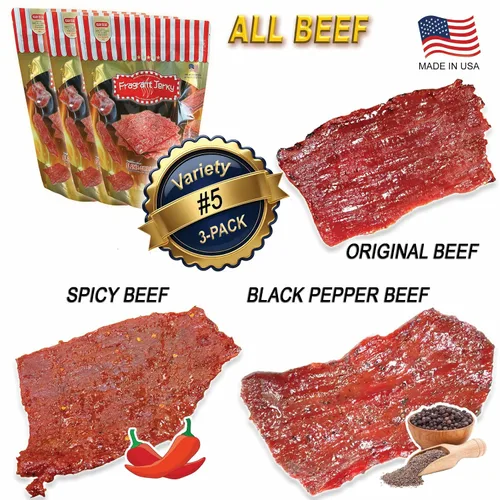 Vista 2 de Paquete variado #5 Singapore Beef Jerky, a la parrilla al fuego, enviado el mismo día (12 onzas en total) – incluye carne de res sabor original