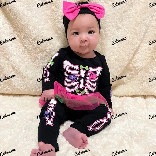 Vista 5 de Conjunto de 3 piezas de disfraces de Halloween para bebé recién nacida y falda tutú de manga larga