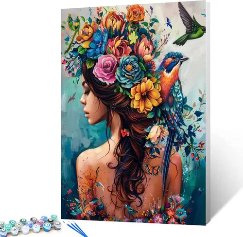 Vista 24 de Pintura por números para adultos, tatuajes de mujeres, pintura por números sobre lienzo, fácil de pintar para principiantes, tatuajes de flores