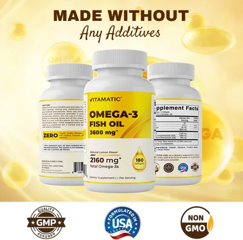 Vista 5 de Vitamatic Aceite de pescado Omega 3 de triple fuerza, 3600 mg por porción, 2160 mg de ácidos grasos Omega 3, 1296 mg de EPA + 864 mg de DHA, sabor a