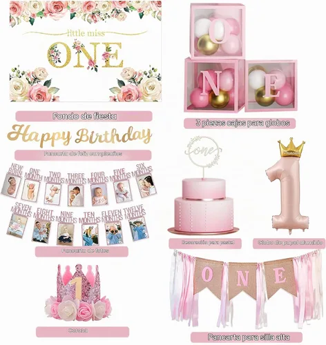 Vista 2 de Decoraciones de primer cumpleaños para niña, suministros para fiesta de primer cumpleaños Includes Pink Gold Balloons Garland Arch Kit, Balloon