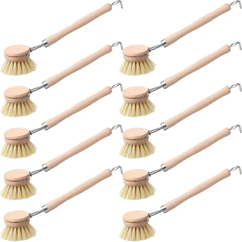 Vista 8 de Maxdot 4 cepillos de cocina con mango de madera de haya, mango de madera natural, cepillo de cerdas de fibra, cepillo de repuesto de 2 pulgadas