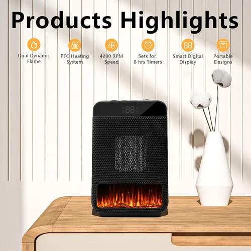 Vista 2 de Calentadores eléctricos portátiles para uso en interiores, calentador de espacio de cerámica con termostato, pantalla remota y digital, temporizador