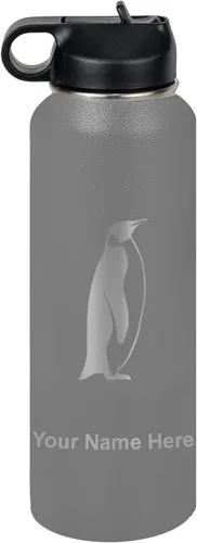 Vista 35 de LaserGram Botella de agua personalizada, pingüino, acero inoxidable de doble pared aislada al vacío con popote superior, regalo grabado