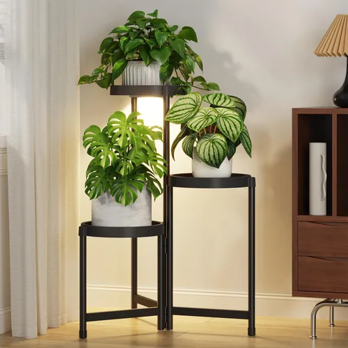 Vista 32 de LASZOLA Soporte plegable de 3 niveles para plantas de interior para múltiples macetas grandes, estante ajustable alto y resistente con estantería