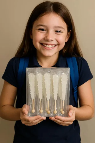 Vista 12 de Palitos clásicos de caramelo de roca, caramelos de roca de azúcar en cristal, envueltos individualmente (Paquete de 12, Niña bebé