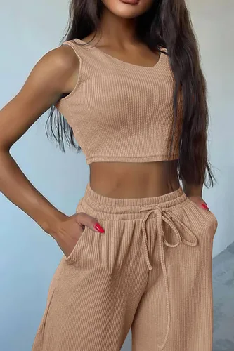 Vista 7 de PRETTYGARDEN Trajes de 3 piezas para mujer, conjuntos a juego, cárdigan de punto acanalado, camisetas sin mangas, pantalones de pierna ancha