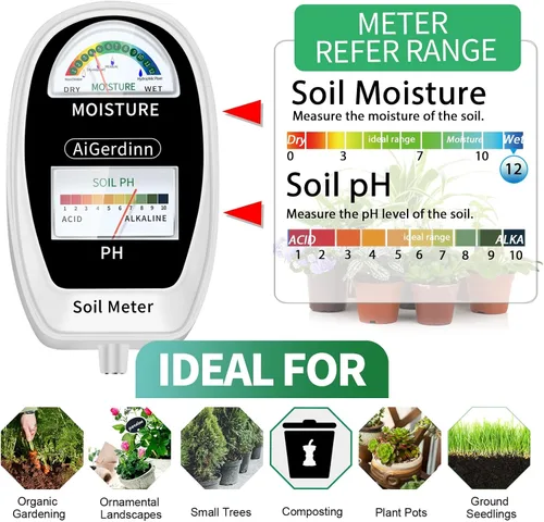 Vista 3 de Kit de prueba de suelo AiGerdinn, medidor de humedad del suelo 2 en 1, medidor de pH del suelo - Dial dual - Muestra resultados simultáneamente