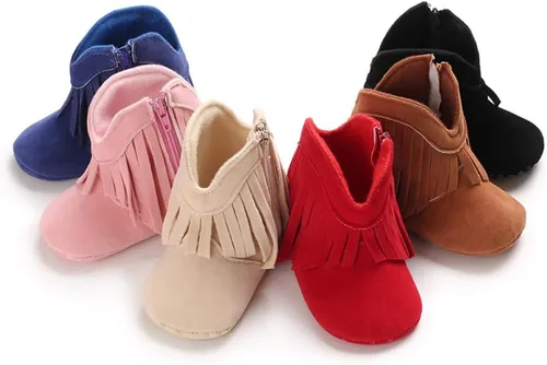 Vista 2 de SOFMUO Botas vaqueras con borlas y cremallera lateral para bebés y niñas, botines antideslizantes de gamuza para niños pequeños