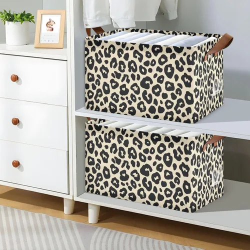Vista 7 de Leopard Pattern Cream Black Storage Baskets Storage Cubes Organizer with Handles Books Towels and Clothes for Shelves Closet Books cajas