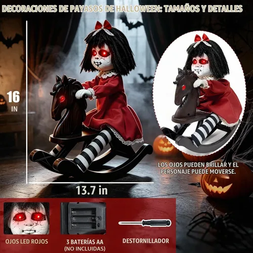 Vista 4 de Halloween Animatronic Decorations Girl Doll on Rocking Horse with Lights