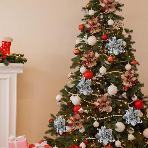 Vista 2 de 24 flores de Pascua de Navidad de 4.7 pulgadas con purpurina roja búfalo a cuadros de flores de nochebuena para adornos de árbol de Navidad