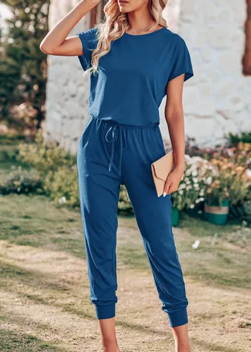 Vista 4 de KIRUNDO Overol casual de verano para mujer, de manga corta, cuello redondo, cordón, cintura elástica, con bolsillos