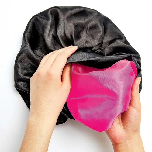 Vista 6 de KISS Colors & Care Gorra de satén sedoso con borde ancho de doble desgaste, XL, negro, diseño reversible de doble cara, tela Charmeuse de alta