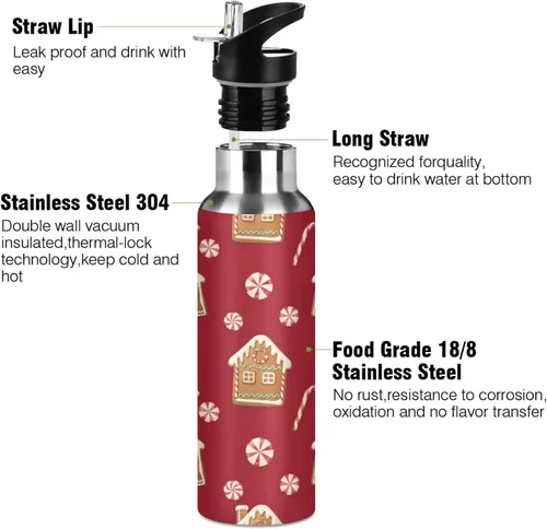 Vista 3 de Insulated Water Bottle 20 Oz, BPA-Free Sport Water Bottle for Gym Outdoor Travel School, Gingerbread Houses