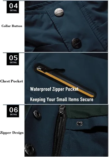 Vista 5 de MAGCOMSEN Mens Hooded Windproof Water Resistant Rain Jacket Windbreaker 5 Pockets for HikingFishingRuning