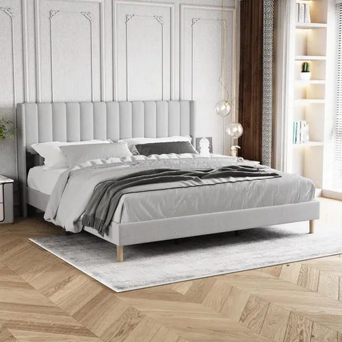 Vista 9 de Base de cama tapizada de tamaño individual con cabecero, listones de madera fuertes, no necesita somier, fácil montaje, terciopelo beige